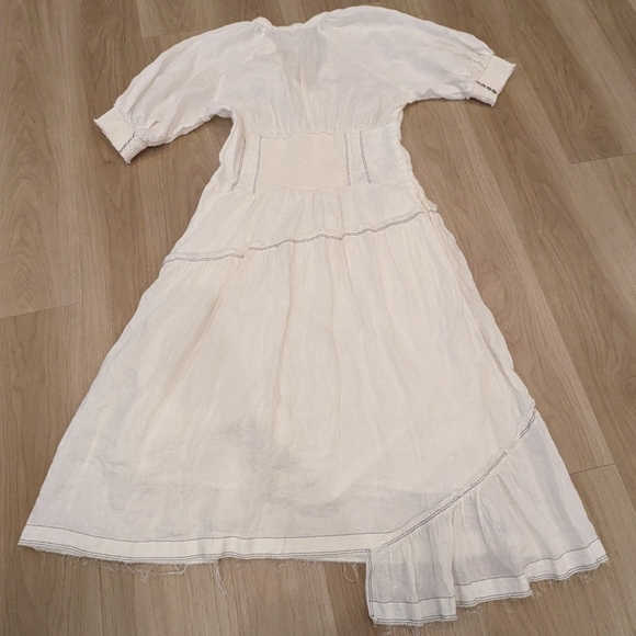 Anthropologie White Linen Puff Sleeve Low Cut Asymetrical Dress Size L - Picture 8 of 8